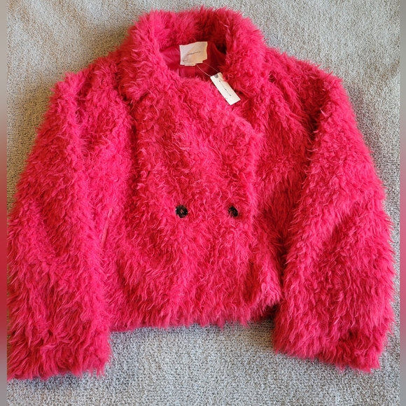 Anthropologie Jackets & Blazers - Anthropologie Faux Fur Pink Double Breasted Coat Size Large